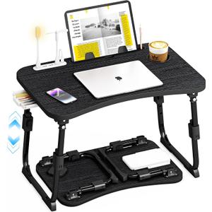 Lap Desk for Bed Adjustable Height, Foldable Bed Table with Storage Drawer, Tablet Slot & Cup Holder, Portable Laptop Stand for Bed & Sofa, Bed Desk for Adults & Kids, Black