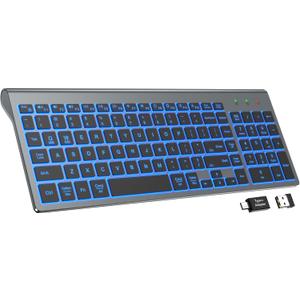 SABLUTE Wireless Keyboard with 7 Colored Backlits, Rechargeable Silent Compact Cordless Computer Keyboard with Low Profile Quiet Light Up Keys for Windows, PC, Linux, Chrome, Mac (Grey)