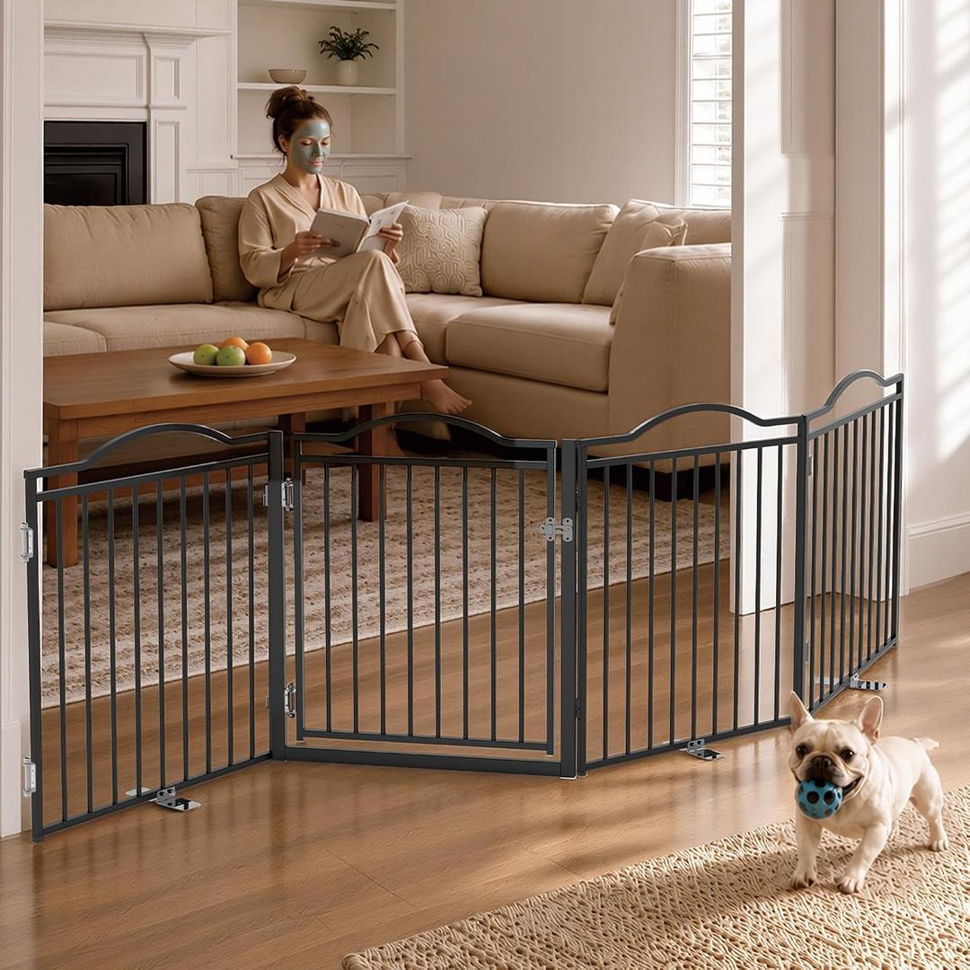 No Pawblems Metal Freestanding Foldable Dog Gate with Door, 30'' Tall
Freestanding Pet Gate for Indoor & Outdoor, Up to 104 Inch Extra Wide Dog Fence for Doorways, Stairs, Deck, 4 Panels, Black