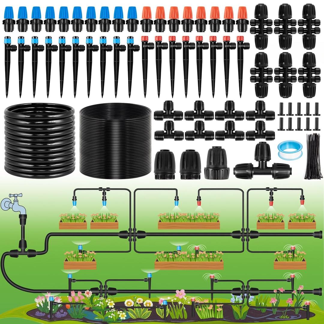 240FT Drip Irrigation System Kits - Automatic Garden Watering Sprinkler (240FT:30FT Main tube+210FT 1/4 tube)