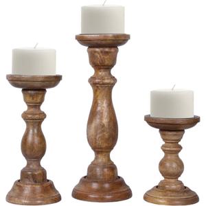 Mela Artisans Medium Polish Hand Carved Wooden Pillar Candle Holders - Set of 3 | Tuli Decorative Style | Crafted from Mango Wood | Rustic Table Centerpiece Decor | Sized 6", 9" and 12"