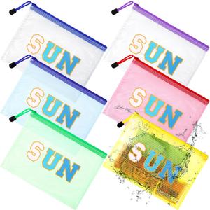 Kacctyen 12 Pcs Sunscreen Bag Clear Makeup Bag Beach Vacation Essentials Summer Pool Waterproof Toiletry Pouch Portable Preppy Letter Mesh Zipper Organizer for Women Family Travel Gifts(Blue,Sun)
