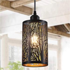 Industrial Black Pendant Light Fixture Vintage Farmhouse Mini Black Gold Pendant Lighting Rustic Hollow-Carved Cylinder Pendant Light for Kitchen Island, Dining Room, Bedroom