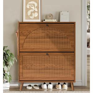 Shoe Storage Cabinet for Entryway with 2 Flip Drawers, Narrow Wood Shoe Cabinet with Fluted Panel, Freestanding Hidden Shoe Organizer for Foyer, Hallway (Walnut)