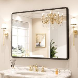 pertetey New Upgrade Bathroom Mirror, 40X30 Inch Black Metal Frame Wall Mounted Rounded Rectangle Bathroom Vanity Mirror with Tempered Glass for Washroom Bedroom Living Room