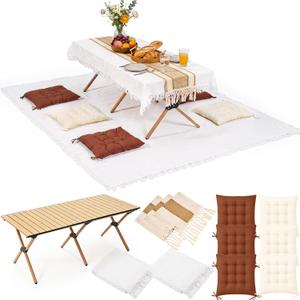 Geetery 10 Pcs Picnic Set, 59" x 20" Folding Low Picnic Table with 91'' x 71'' Large Outdoor Boho Picnics Blanket, Tablecover Runner and 6 Pillows Cushions for Camping Wedding Beach(Square,Brown)