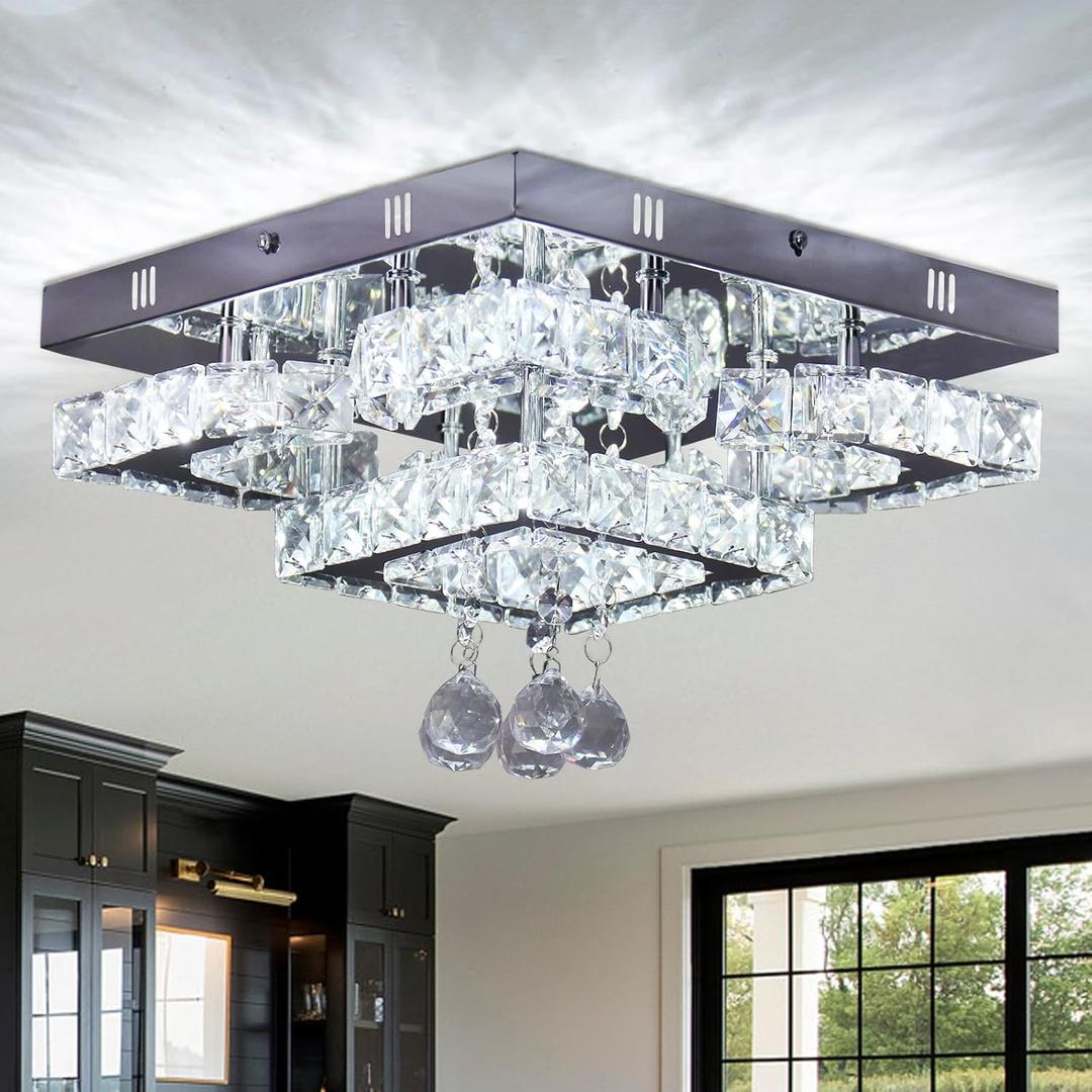 CXGLEAMING 11.8" Modern Crystal Chandelier LED Ceiling Light Fixture Suitable for Kitchen Corridor Hallway Bedroom Bathroom Dining Room 4 Petals/Raindrop Ball Square Wall Switch White Light