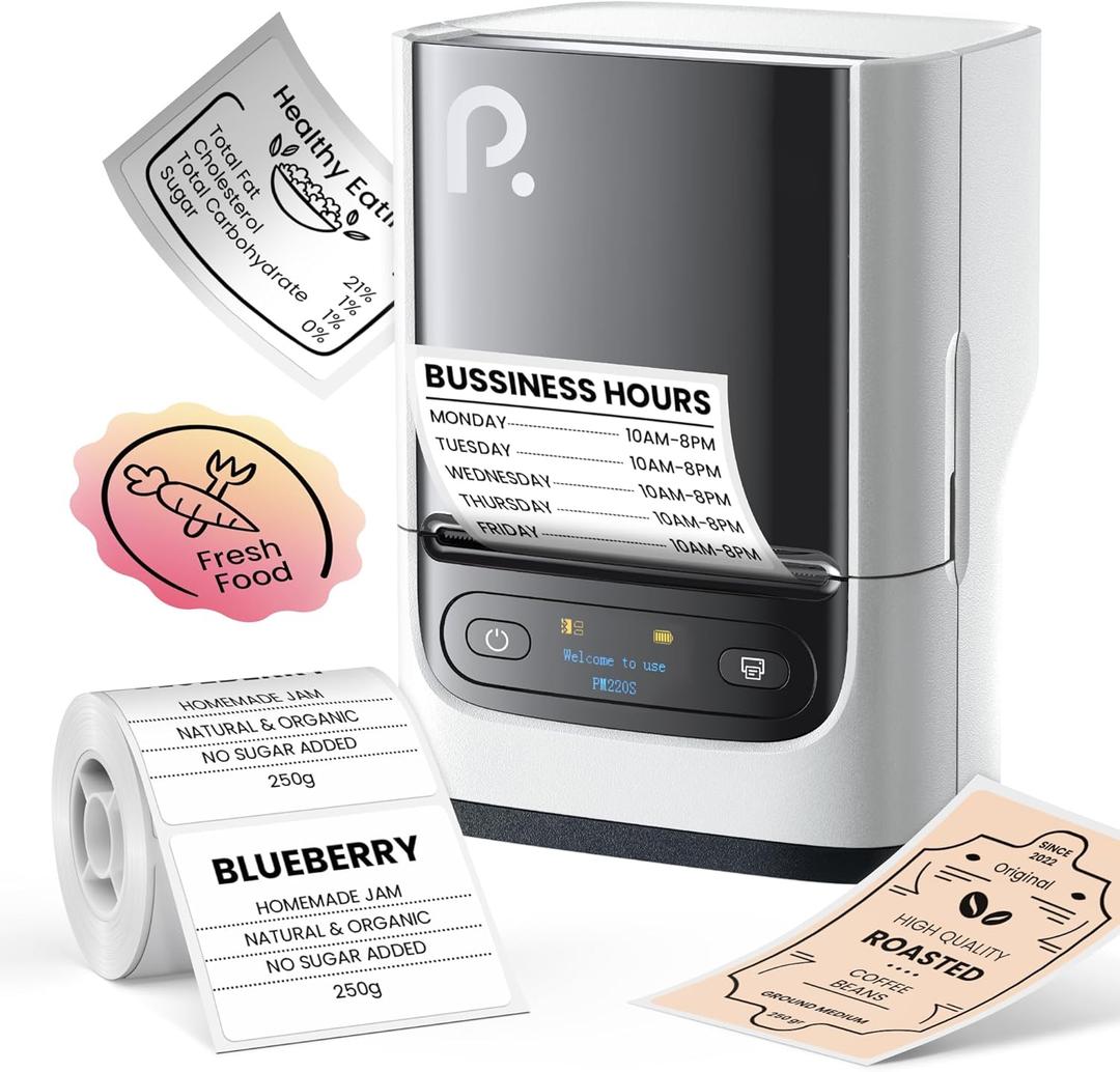 POLONO PM220S Label Maker Machine with Tape, 2 Inch Bluetooth Portable Thermal Label Printer for Small Business, Office, Home, Address, Logo Label, Sticker Printer for Phone/Tablet/PC, White
