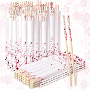 50 Pairs Cherry Blossom Chopsticks Bulk with Sleeved Blue Flower Disposable Bamboo Eucalyptus Chopsticks Wedding Favors Chinese Japanese Food Supply for Takeout Picnic(Cherry)