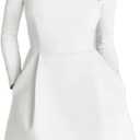 Women's Elegant Velvet Dress Long Sleeve Square Neck Pearl A Line Flowy Bridesmaid Cocktail Party Midi Dresses (Medium, White)