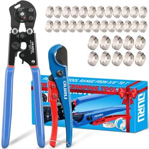 OURU 2 IN 1 Ratchet Pex Crimping Tool Cinch and Remove Combo Function Pex Pipe Crimp Tool from 3/8" to 1" Pex Crimper with Pex Cutter and Stainless Steel Pex Clamps 1/2" 25PCS,3/4" 10PCS