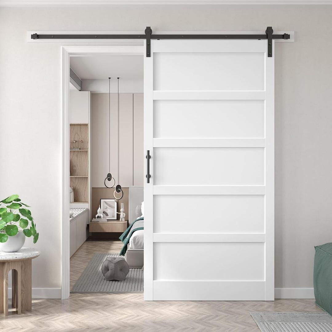 Fredbeck 48x96 inch White Barn Door with 8FT Sliding Door Hardware Kit Included & Handle,MDF,Solid PVC Surface,DIY Assembly,5-Panel