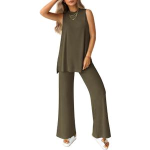 PRETTYGARDEN Women's 2 Piece Lounge Set 2026 Summer Casual Tank Top Wide Leg Pants Matching Travel Outfits Clothes Tracksuit (Green, M)