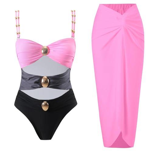 YUNIDMEIM Women's One Piece Swimsuit with Cover up Set Beach Wrap Skirt Retro Bikini Set Two Piece Bathing Suit with Cover up Blackpink, Small YUNIDMEIM Women's One Piece Swimsuit with Cover up Set Beach Wrap Skirt Retro Bikini Set Two Piece Bathing Suit with Cover up Blackpink, Small
