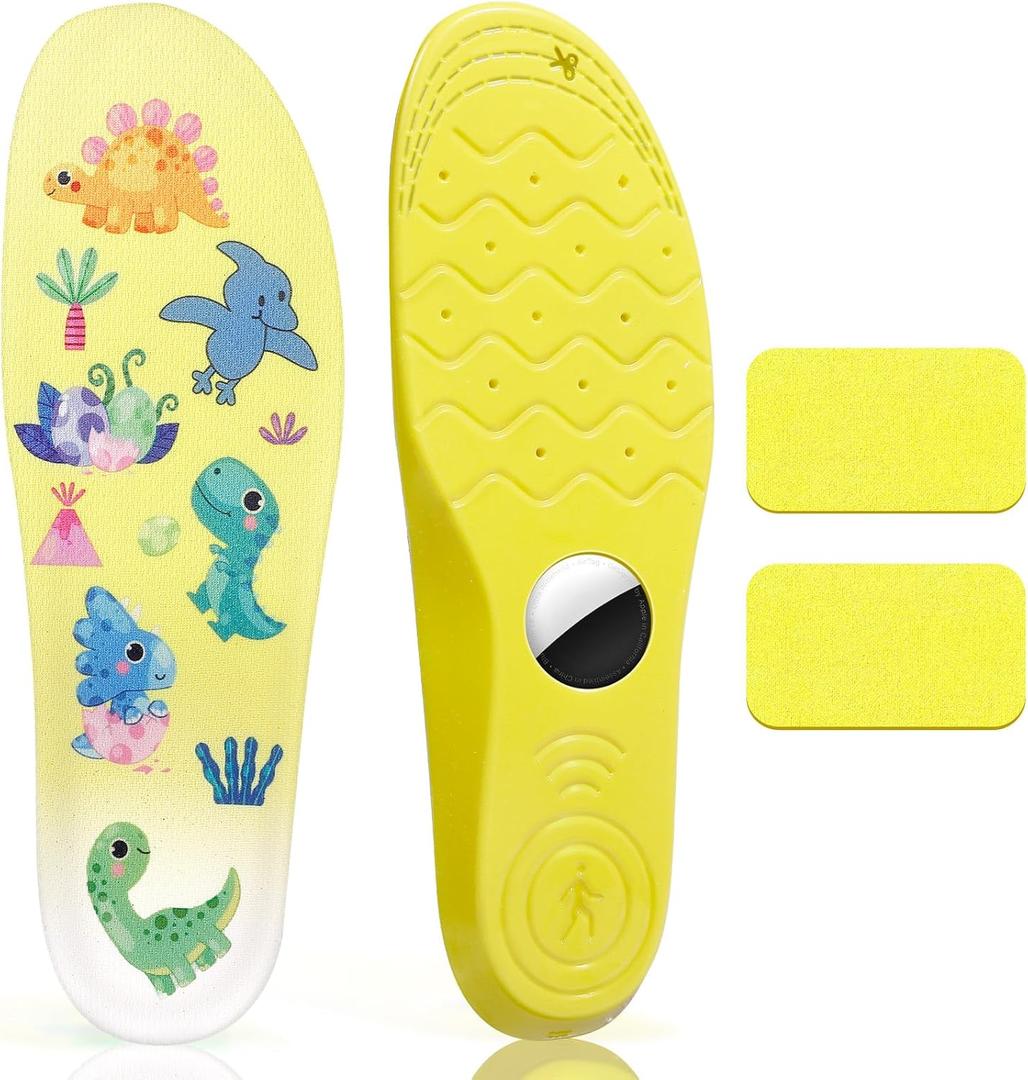 Insoles for Airtag Hidden Holder, Tracker Devise Case for Kids, Comfortable Inserts for ShoesYellow Dinosaur (Yellow, Foot:4.7-5.3IN/Insole:5.3-5.9IN/5C-7C)