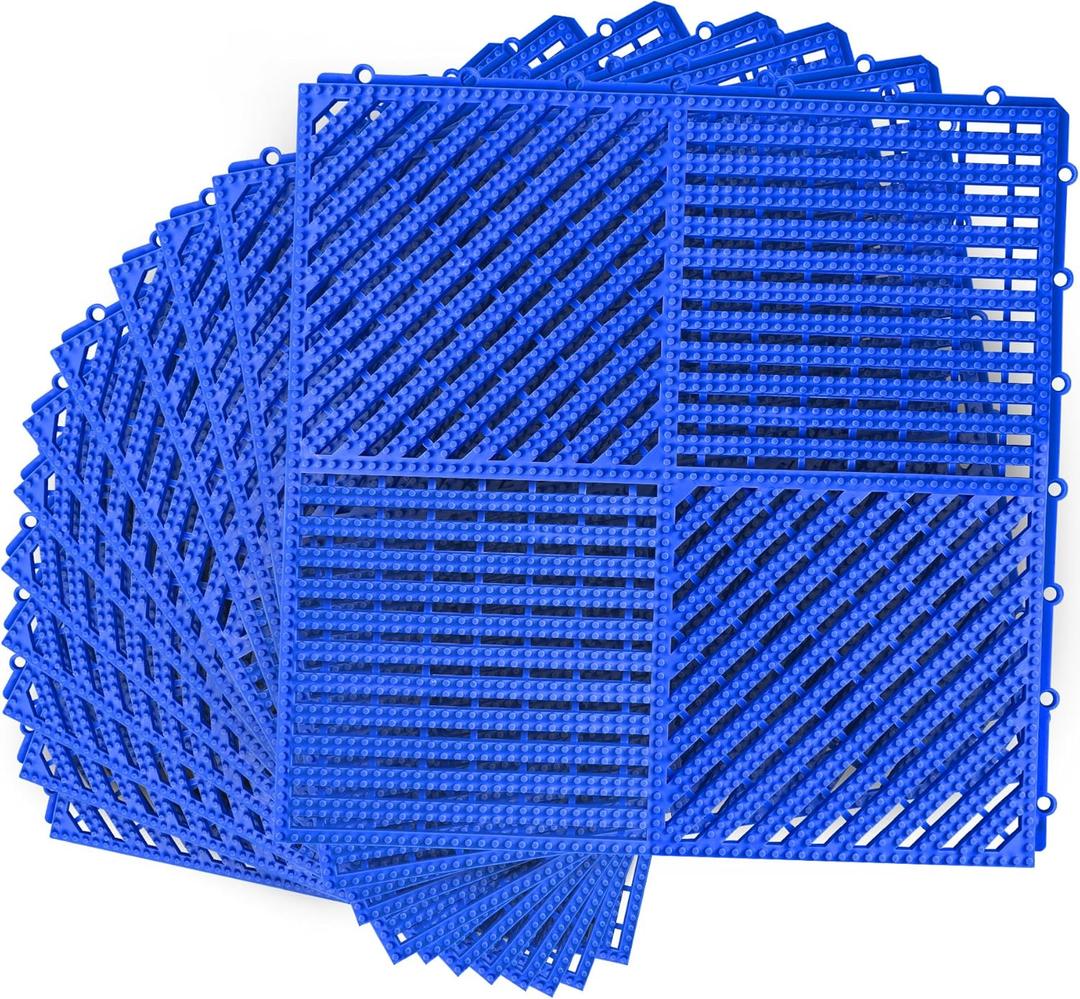 MYFAMIREA Modular Interlocking Cushion 12 Pack 11.8" x 11.8" Rubber Floor Tiles Non-Slip Splicing Drainage Mats for Deck, Pool, Shower, Patio, Balcony, Bathroom, Kitchen, Yard (2 Rows Dots, Dark Blue)