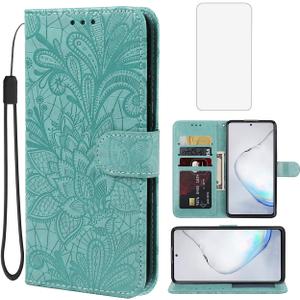 Case for Galaxy Note 10 Lite/Galaxy A81/M60S SM-N770F Wallet Case with Tempered Glass Screen Protector, Flower Leather Flip Credit Card Holder Phone Cover for Samsung Galaxy Note10 Lite Green