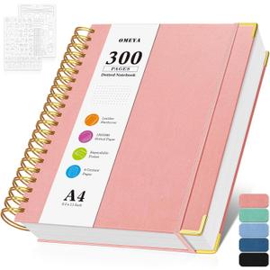 Bullet Dotted Journal Spiral Notebook, 300 Pages Leather Notebooks with Contens, 120 GSM Thick No Bleed Through Paper Journals, A4 Large Dot Grid Notebook for Women Men Work Writing, 8.5" x 11", Pink