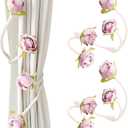 Decorative Pink Rose Curtain Tieback with Artificial Flowers, Pink Roses on White Twisted Rope, Woven Rope Curtain Holdbacks, Elegant Window Treatment (2)