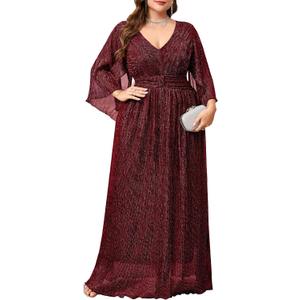 Plus Size Formal Dress Maxi Sparkly V Neck A-line Handkerchief Sleeve Evening Gown Wedding Guest Cocktail Gala, 3XL