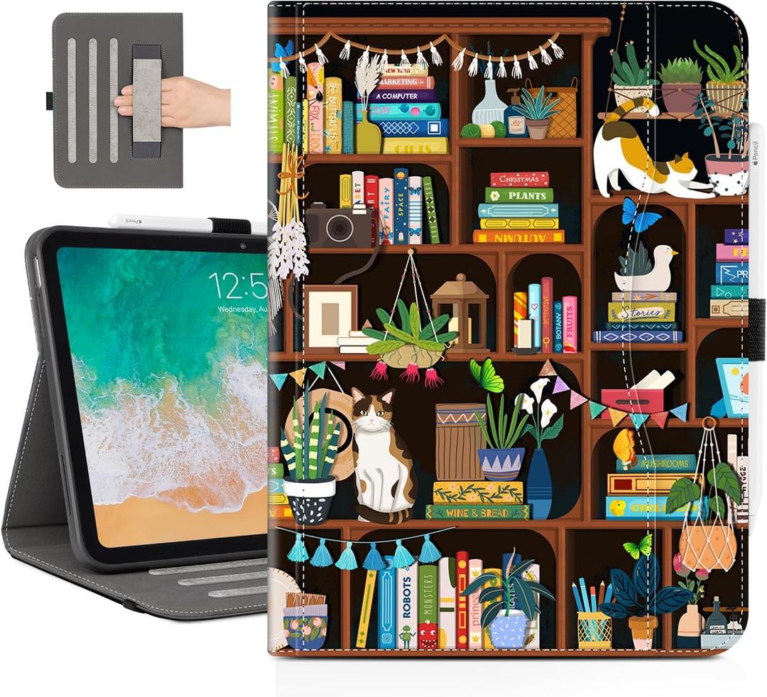 Vimorco for iPad 10th/ (A16) 11th Generation Case Cat, Cute Cats for iPad Case 11th/10th Generation with Pencil Holder/Hand Strap/Pocket, Adjustable Angle, for iPadCover 11th/10th Gen, Bookshelf (Style 2)