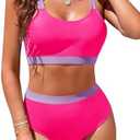 Womens High Waisted Bikini Sets Sporty Crop Top Color Block Swimwear Bandeau Scoop Neck Vintage Two Piece Bathing Suits Size XL