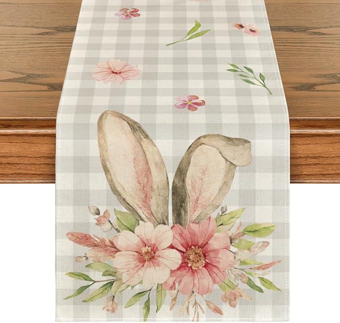 Artoid Mode Buffalo Plaid Bunny Rabbit Ears Flower Easter Table Runner, Spring Summer Seasonal Holiday Kitchen Dining Table Decoration for Indoor Outdoor Home Party Decor 13 x 60 Inch