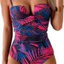 Eomenie Women's Push Up Wrap Front Swimsuit One Piece Tummy Control Bathing Suits Bandeau Support Slimming Swimwear (Large, Purple and Black Printed)