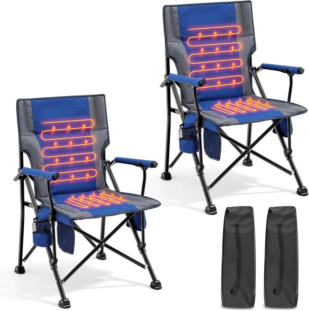 2 Pack Heated Camping Chair for Adults Outdoor Folding Heated Chair with Side Pocket and Cup Holder for Sports Lawn Hunting Picnics Patio Beach, Power Bank Not Included