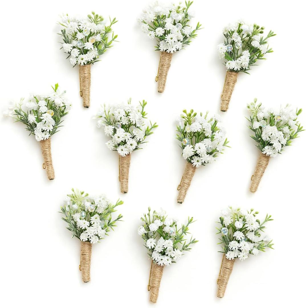 Ling's Moment Boutonniere for Men, 10pcs Groomsmen Guest Boutonniere with Built-in Pins, Artificial Flowers for Wedding Dcor/Prom/Homecoming,etc.Baby Breath White