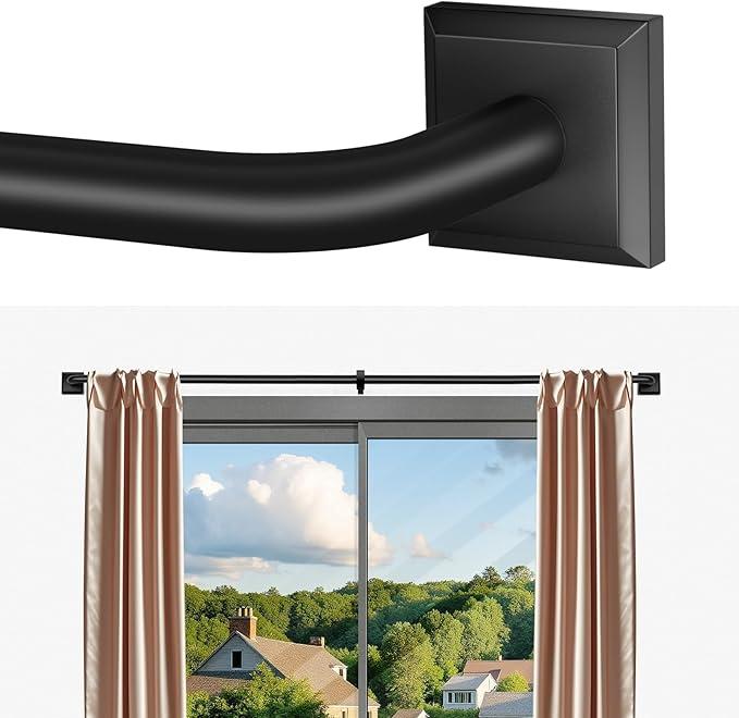 Black Curtain Rods for Windows 66-184 Inch(5.5-15.3ft) Heavy Duty Wrap Around Blackout Curtain Rods, Extra Long Adjustable Room Darkening Drapery Rod for Bedroom, Living Room & Outdoor Patio