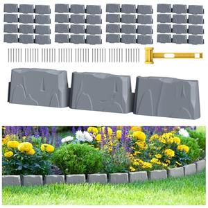 16Pcs No Dig Landscape Edging(24 Foot) with 48 Pieces 8-inch Spikes | 3 Inch Tall Faux Stone Edging for Landscaping | Faux Stone Edging Bricks for Flower Bed,Lawn,Yard,Weed Barrier(Dark Grey)