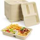 Yesland 100 Pack Compostable Paper Plates, Natural Sugarcane 3 Compartment Plate, Heavy Duty Lunch Tray, Disposable Divided Sectional Trays, Microwave Freezer Safe for Party School