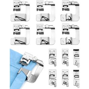QWORK Sewing Machine Feet, 6 Pcs Narrow Rolled Hem Foot(3/4/6mm), 6 Pcs Wide Rolled Hem Presser Foot (4/8,6/8,8/8inch), Sewing Accessories
