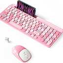 Retro Wireless Keyboard with Round Keycaps, 2.4GHz FullSize USB Cute Wireless Keyboard Mouse for Computer, Desktop, Laptop and Computer (PinkColorful)
