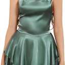 Women Sexy Backless Short Romper Satin Dress Cowl Neck Tie Ruffle Layer Spaghetti Strap Jumpsuit Mini Dress (Small, Green)
