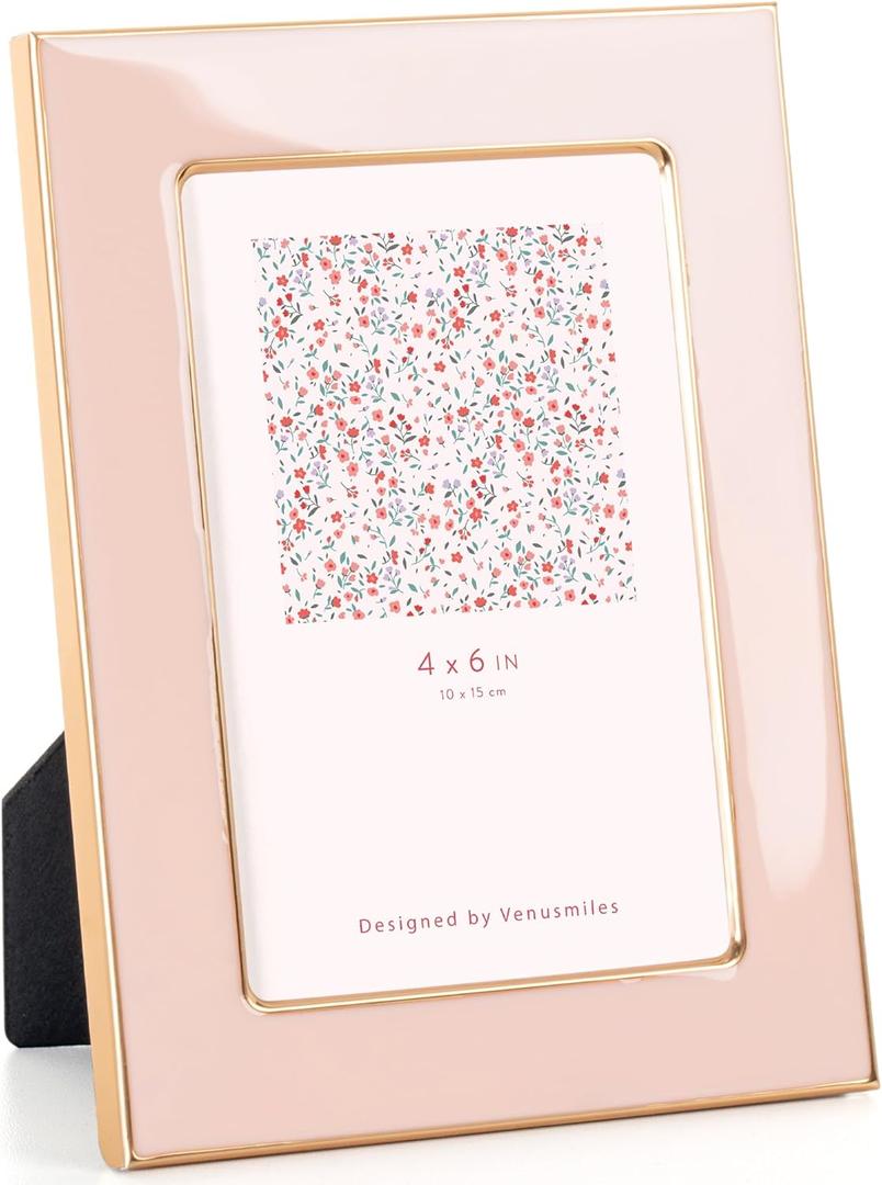 4x6 Enamel Picture Frame, Gold Metal Edge with Easel, Real Glass Photo Frame for Wall and Tabletop Display Family Office Photo Gallery, Pink Enamel/1pc