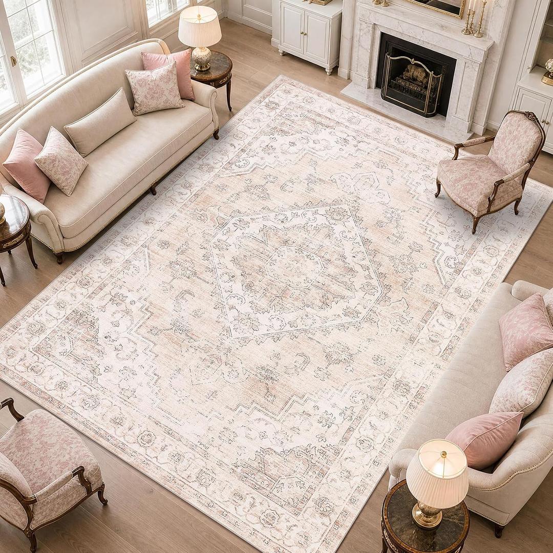 Garvee Pink Girls Bedroom 6x9 Area Rugs for Living Room, Boho Vintage Non-Slip Washable Low-Pile Stain Resistant Soft Carpet for Bedroom Home Office Nursery Kitchen Room Decor