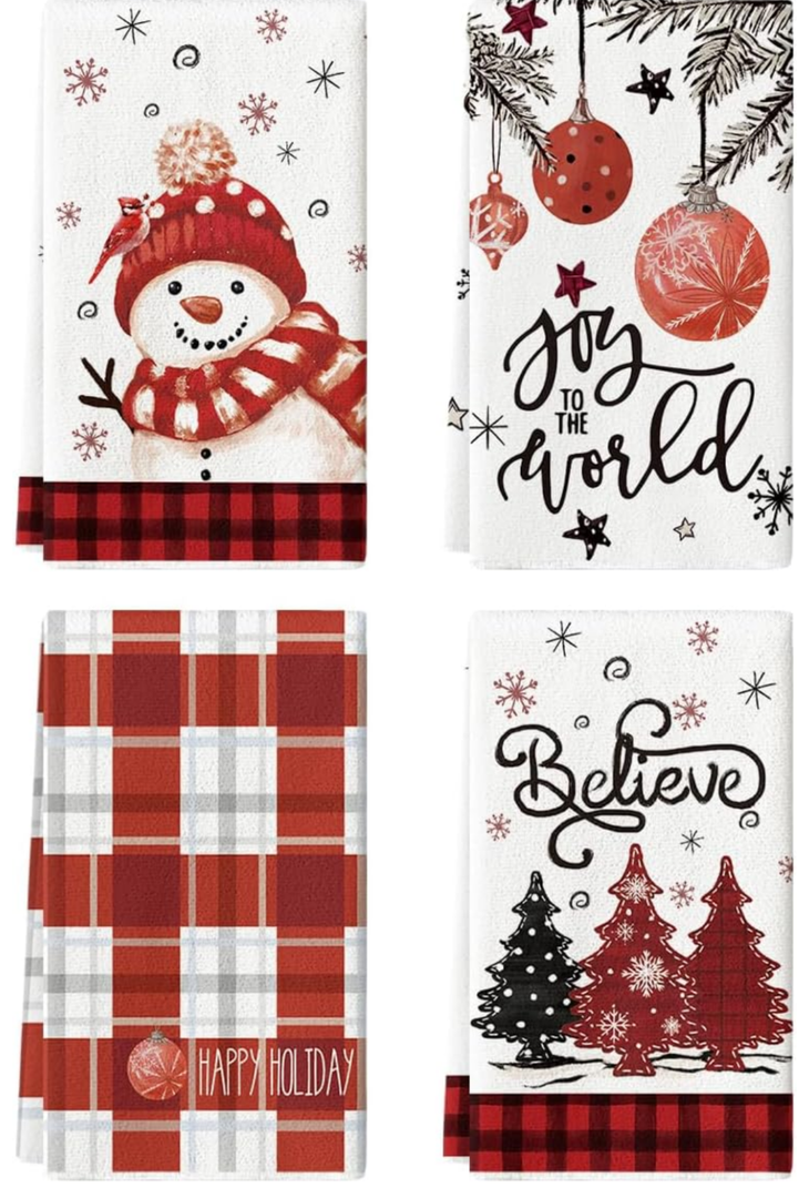 Red Xmas Tree Snowman Christmas Kitchen Towels Dish Towels, 18x26 Inch Farmhouse Holiday Bird Winter Decoration Cleaning Set of 4