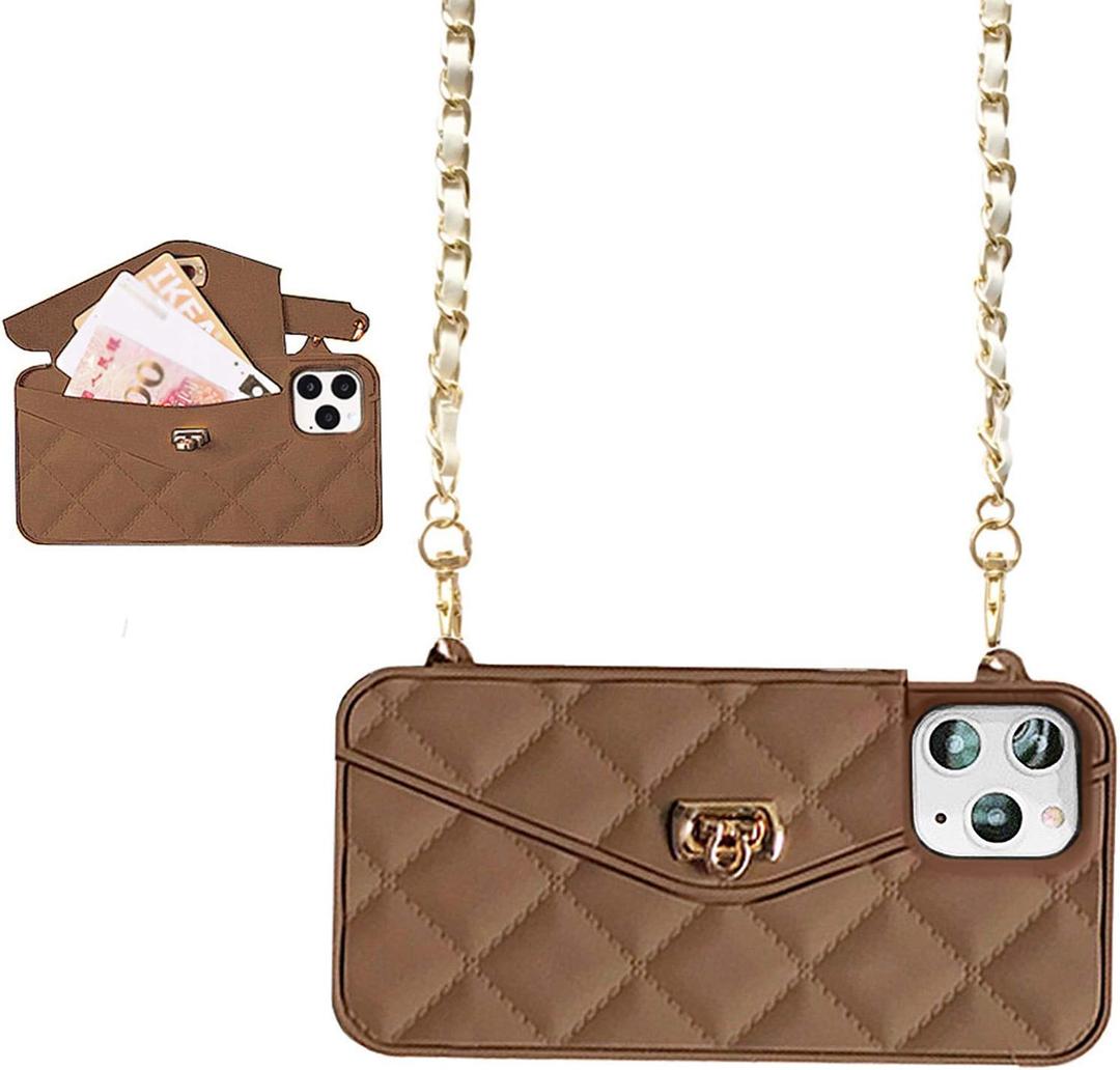 UnnFiko Wallet Case Compatible with iPhone 15 Pro Max, Cute Light Luxury Bag Design, Purse Flip Card Pouch Cover Soft Silicone Case with Handstrap Long Shoulder Strap (Brown, iPhone 15 Pro Max)