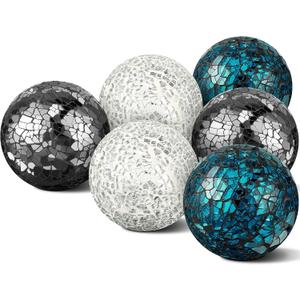 Cunhill 6 Pieces Decorative Balls for Bowls 6.5 cm / 2.5 Inch Orbs Glass Balls for Centerpiece Bowls Mosaic Sphere for Home Decoration Dining Table Christmas Party (Sliver,Turquoise,Black)