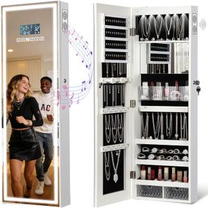 LED Mirror Jewelry Cabinet with Bluetooth Speaker, Wall/Door Mounted Jewelry Organizer Armoire, Full Length Lighted Mirror with Jewelry Storage,Jewelry Box Standing for Women
