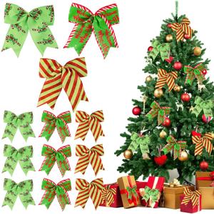 2 x Red Green Christmas Bows Decoration 12Pcs Christmas Wreath Bows Ornaments Large Xmas Tree Bow Ribbon Ornaments Glitter Dot Stripe Bows Ribbons Decoration for Xmas Garland Wedding Home Holiday