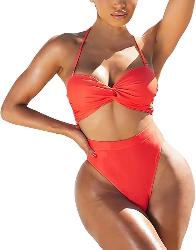 Swimsuit Women High Waisted Bikini Adjustable Sexy Spaghetti Strap Bralette Sexy Pad Cheeky Swimwear Monokini, Small