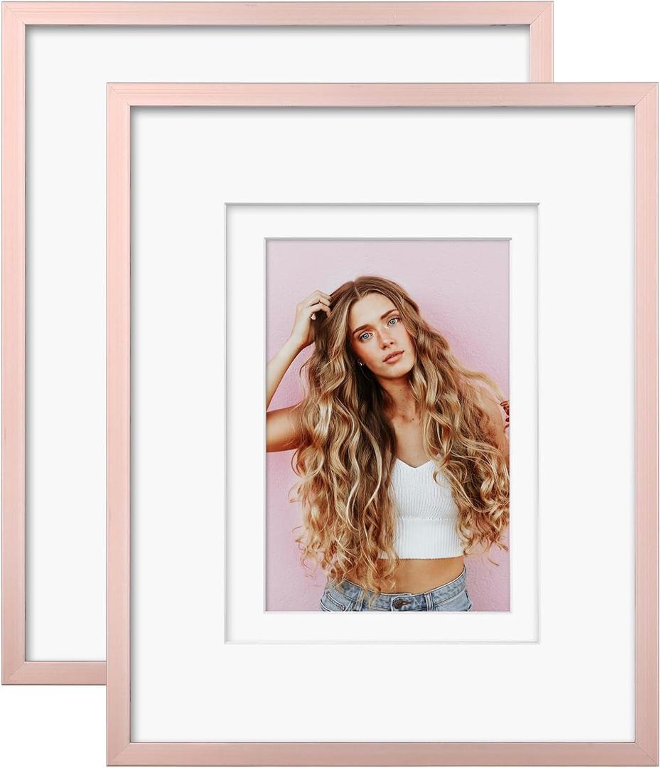 Egofine 8x10 Aluminum Picture Frame Display with Mats for 4x6/5x7 or 8x10 without Mat, Metal Picture Frame Covered by Plexiglass for Tabletop and Wall Mounting, 2 Pack, Rose Gold