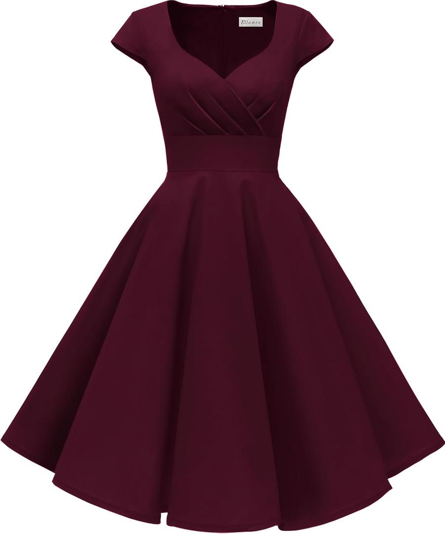 Ellames Women's 1950s Retro Vintage Dresses Elegant 2025 Cocktail Party Dress Cap Sleeve Dress with Pocket (Burgundy)