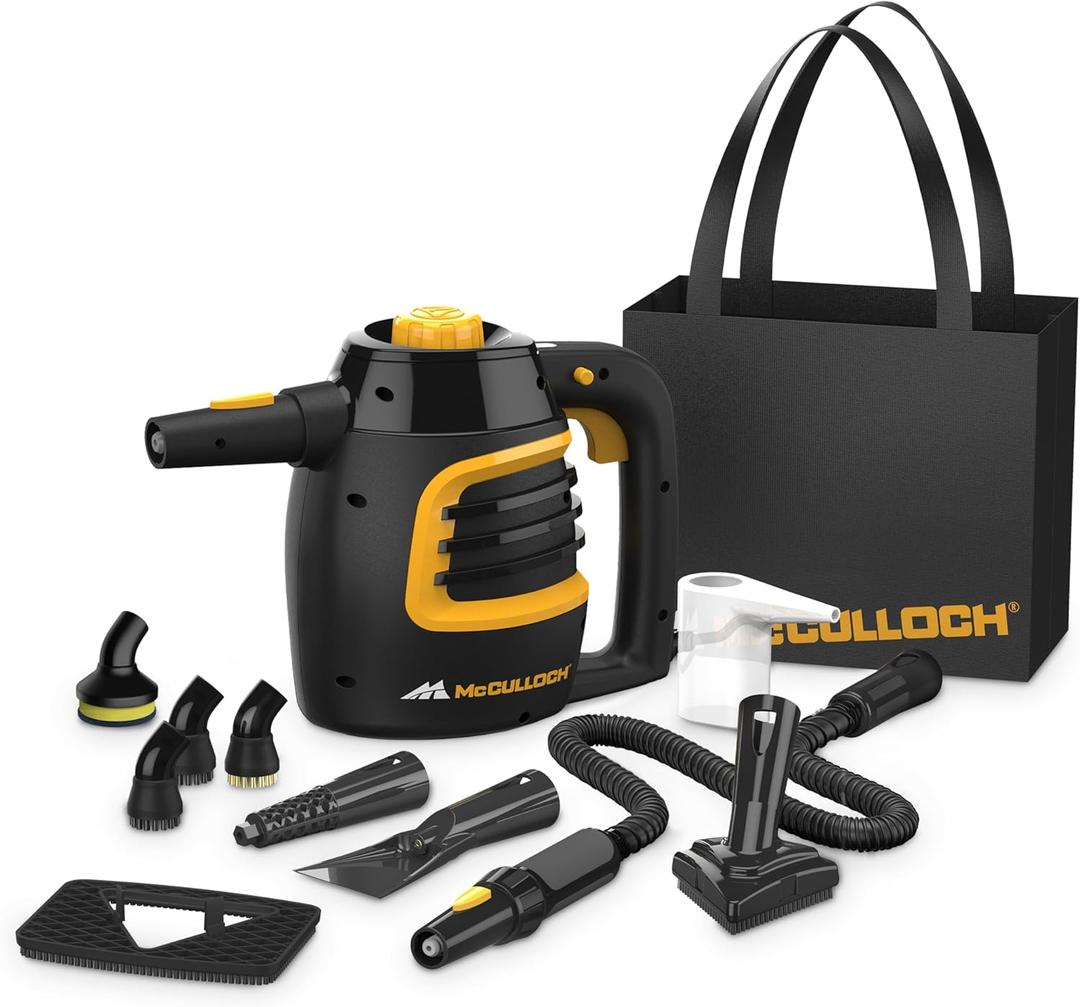 McCulloch MC1230 Handheld Steam Cleaner, 10 Minute Runtime, 11 Accessories: Jet Nozzle, Brushes, & More - Built for Home, Tile, Grout, Carpet, Furniture, & Personal Car Detailing