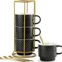 LYEOBOH Stackable Coffee Mugs Set of 4 with Rack & Spoons Coffee Mug Set 13 OZ., Ceramic Embossed Grinding Demitasse Cups Set Cappuccino Cup Halloween for Coffee, Latte, Macchiato, Espresso, Black