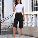 luvamia Bermuda Shorts for Women Knee Length Pull On Elastic Waist High Rise Fold Hem Casual Summer Chino Cargo Shorts (Black, L)