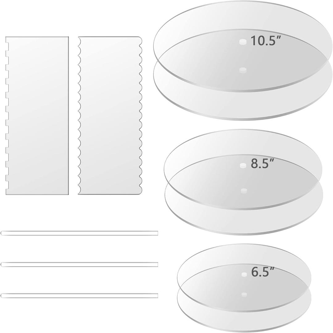 Boyun Acrylic Cake Disc Set - Clear Decorating Supplies with 6 Round Discs, 2 Icing Scrapers and 3 Center Dowels for Cake Making (6.5/8.5/10.5 Inch)